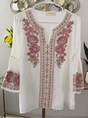 Cream Tunic Top with Pink Floral Embroidery